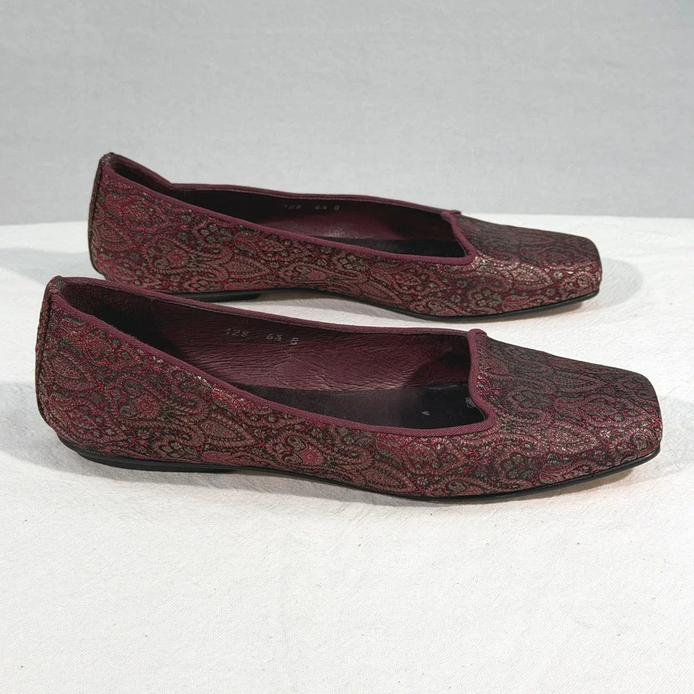 French‎ Sole FS/NY Square Toe Ballet Flats Burgundy Wine Gold Tapestry Jacquard